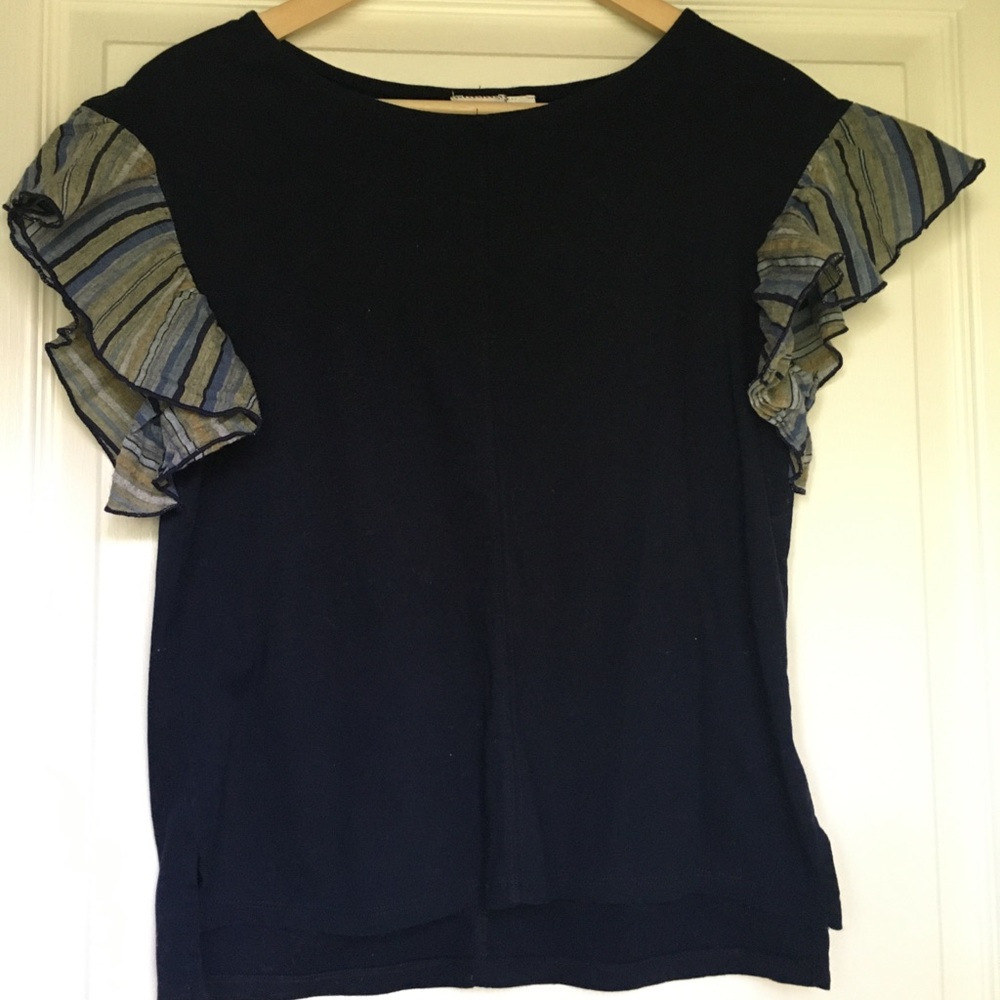 Anthropologie Navy Ruffle Sleeve Tee